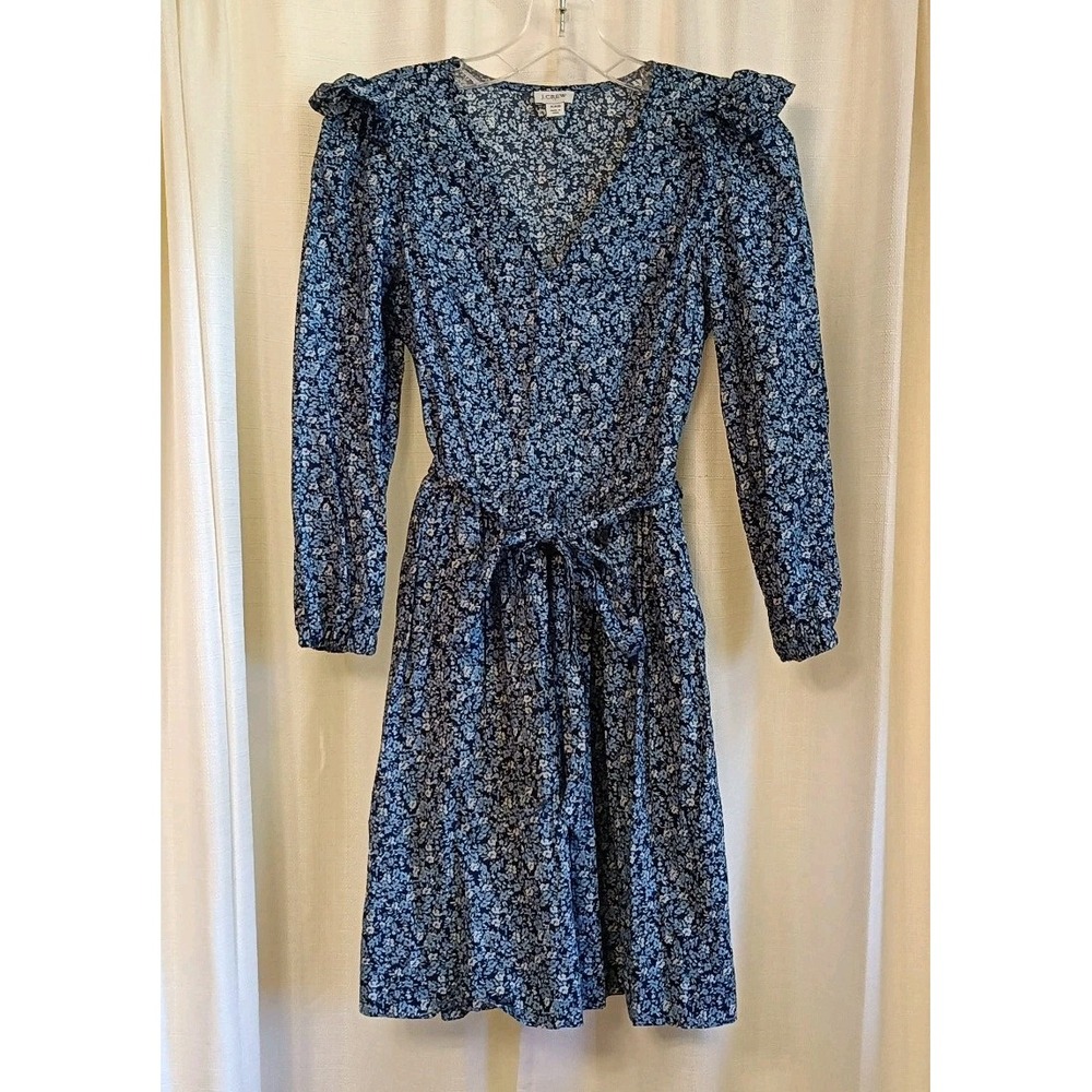 J. Crew Womens XXS Blue Floral Ruffle Shoulder Dress Pockets Cottage Easter